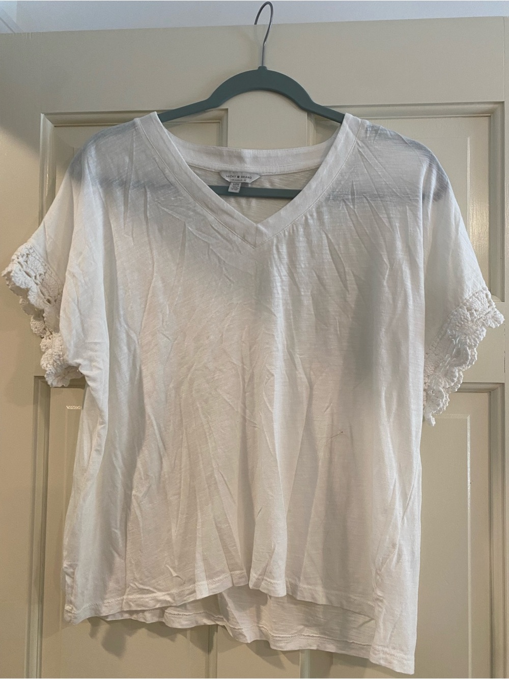 Lucky Brand White V-Neck Tee with Crochet Short Sleeves